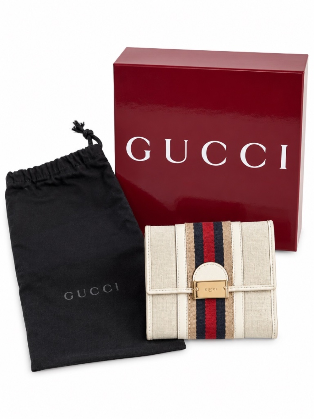 Gucci Web Stripe Canvas Wallet Cream Gold Hardware with Box, Dust Bag